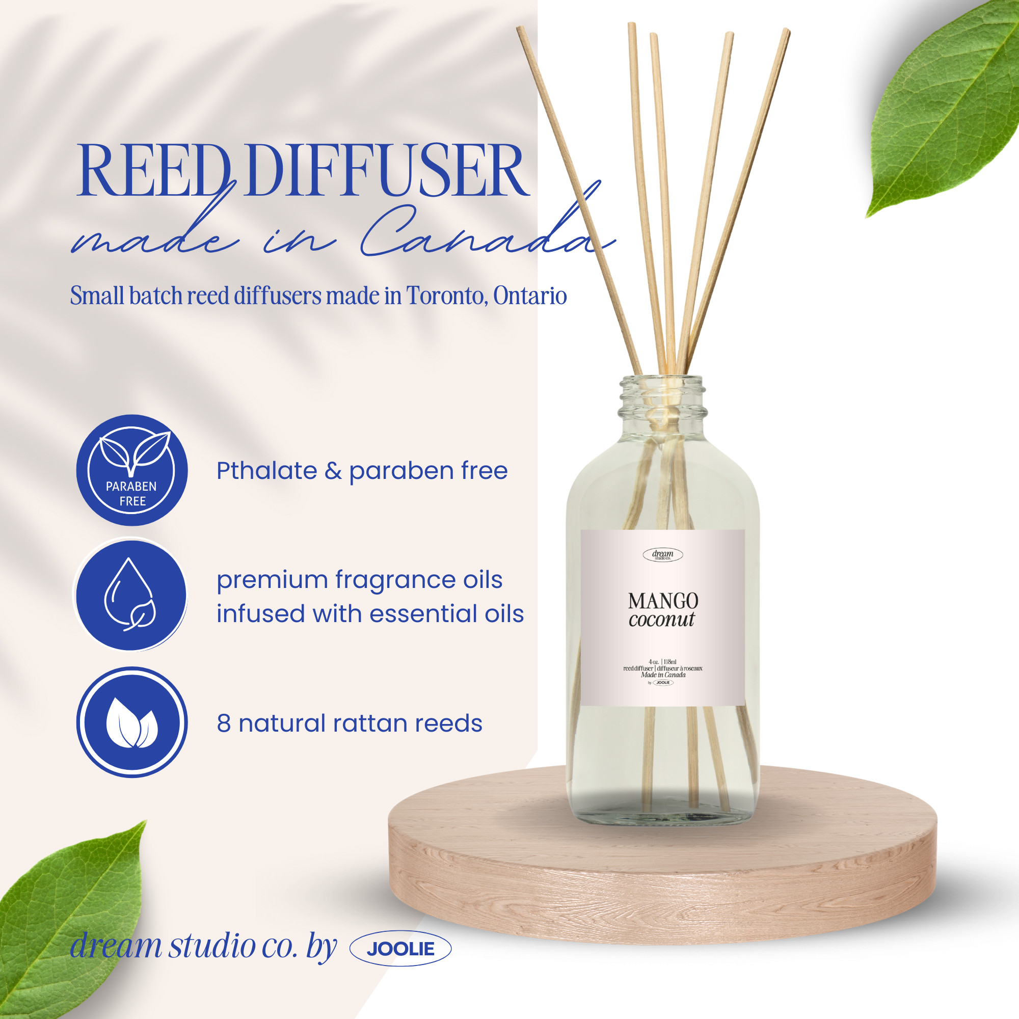 Mango Coconut Reed diffusers 4 oz  Made in Canada tropical blend Scented Phthalate, Paraben Free